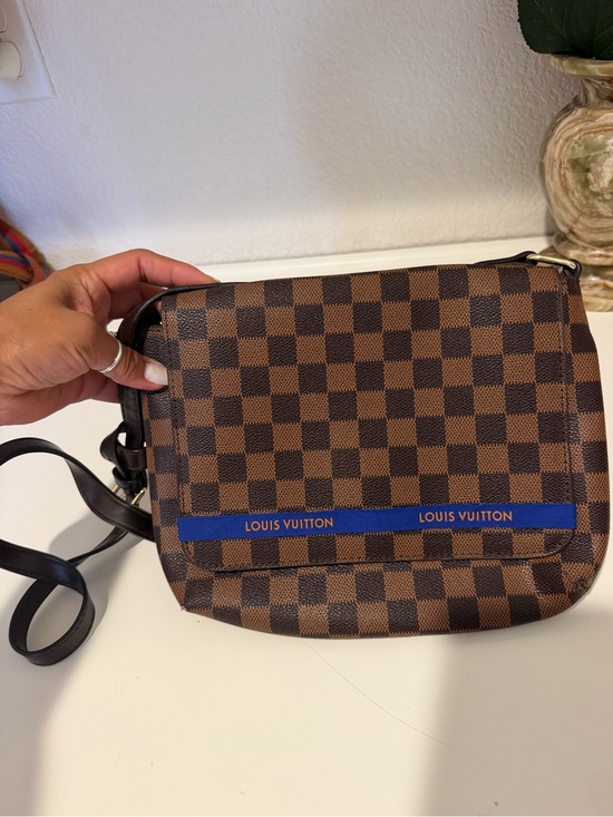 None Handbags - Designer inspired Brown Check Crossbody Bag with Blue Stripe